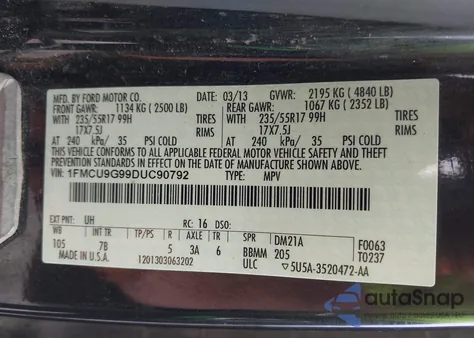 2013 Ford Escape Se from USA, damaged, VIN 1FMCU9G99DUC90792